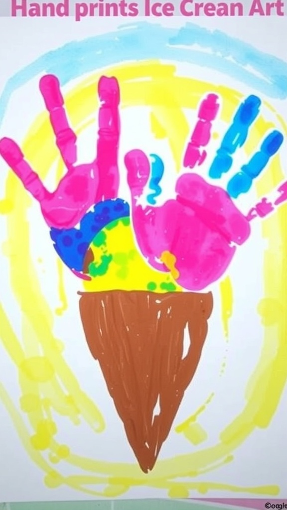 Colorful handprint ice cream cone art with vibrant colors and a brown cone.